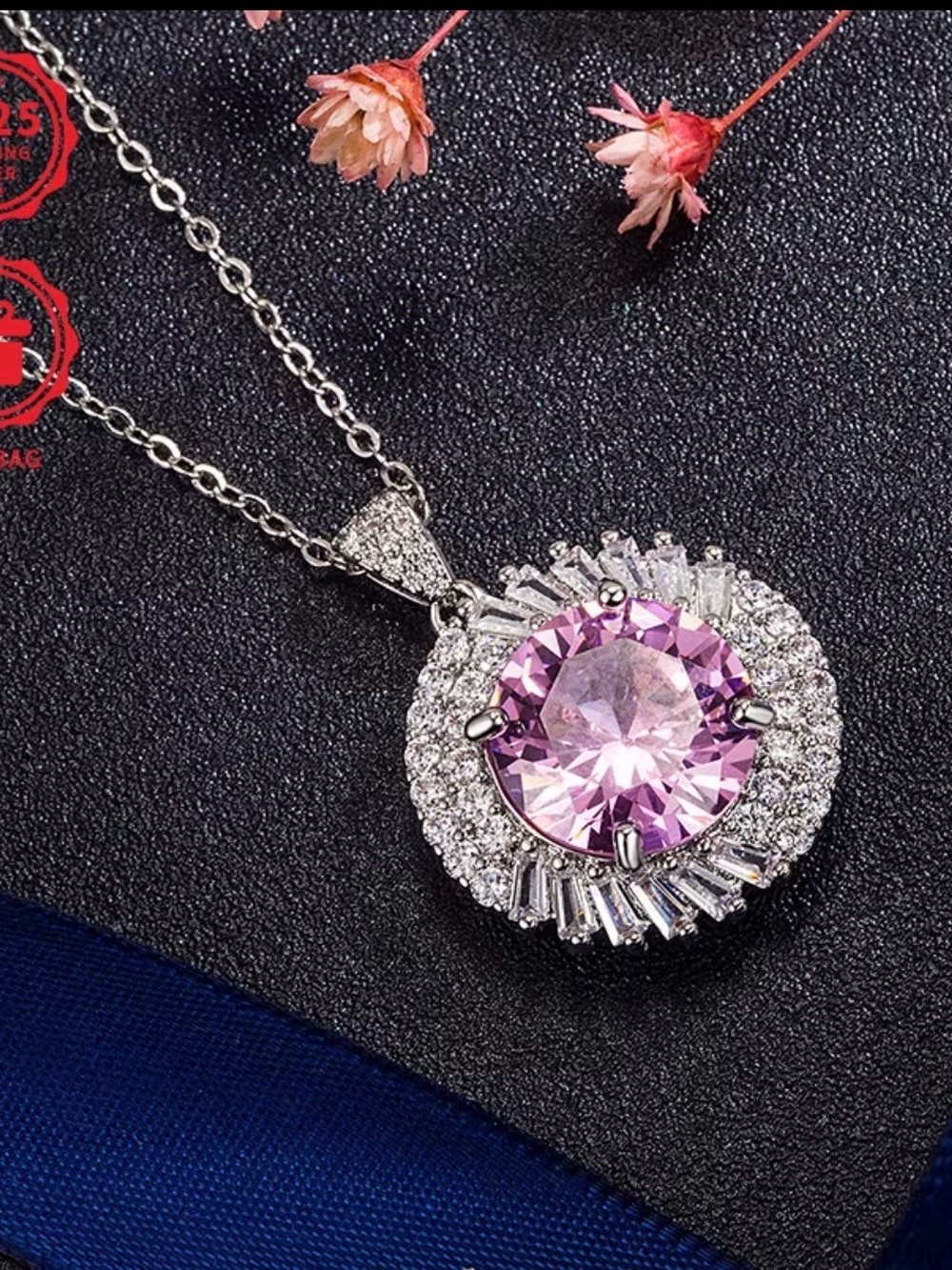 Silver Necklace with Purple Crystal Halo Pendant - Picture 5 of 5